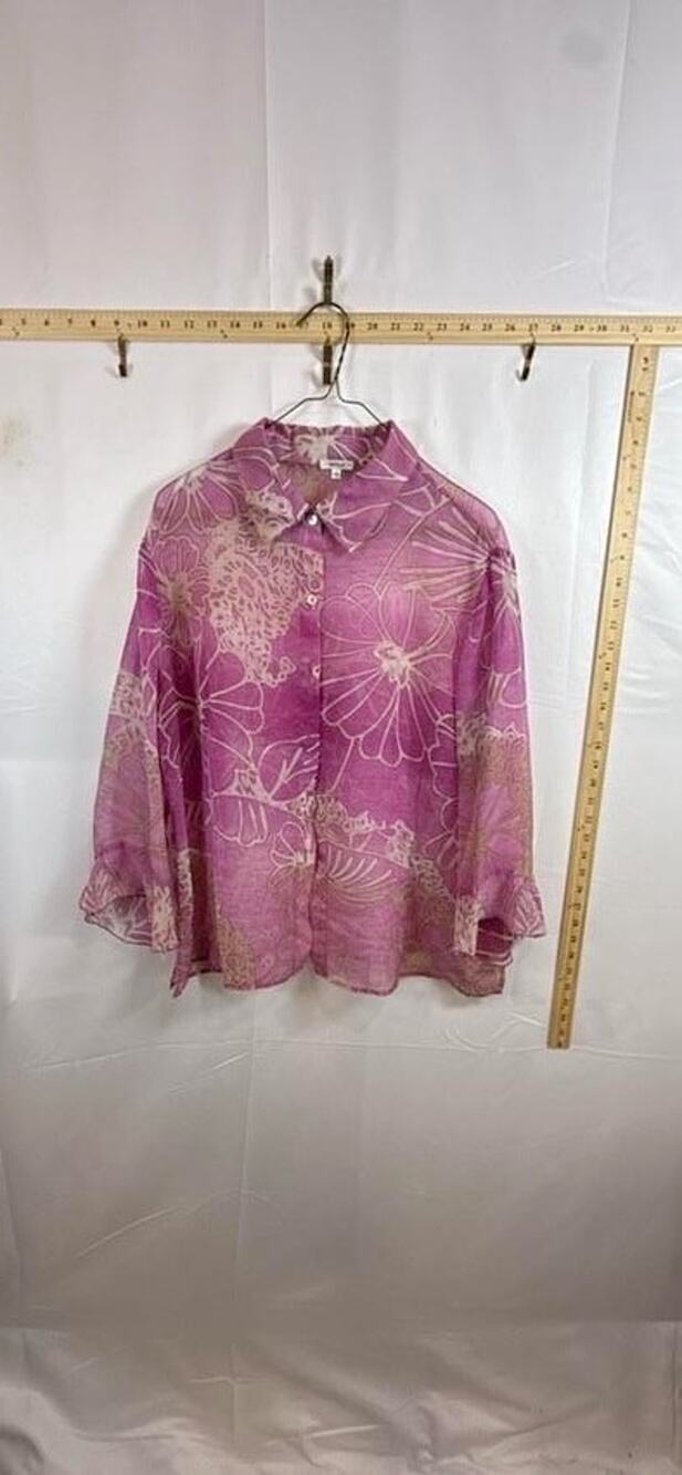 Nicola Womens XL 3/4 Sleeve Button Up Blouse Purple Sheer Floral Collared Top